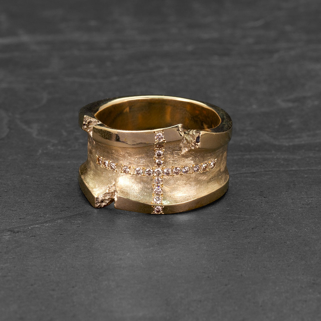 Gold cross torn edges ring